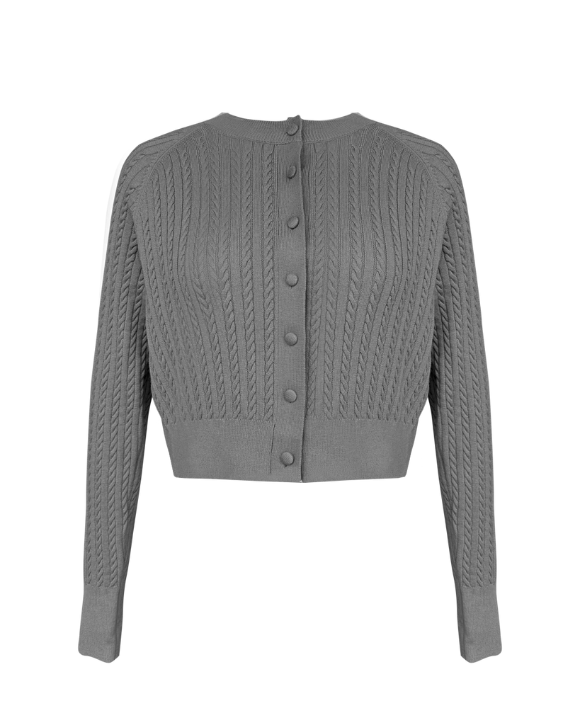 Vania Romoff Lucy Cardigan in Gray crafted from soft wool with ribbon detail at the back