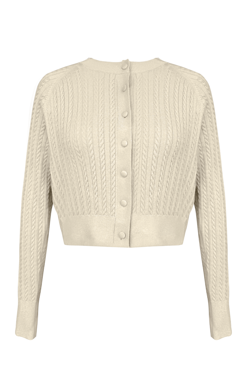 Vania Romoff Lucy Cardigan in Cream crafted from soft wool with ribbon detail at the back