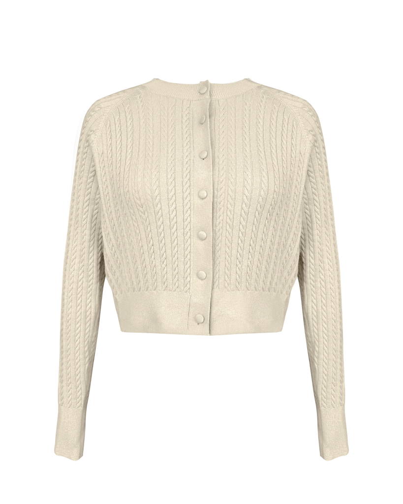 Vania Romoff Lucy Cardigan in Cream crafted from soft wool with ribbon detail at the back