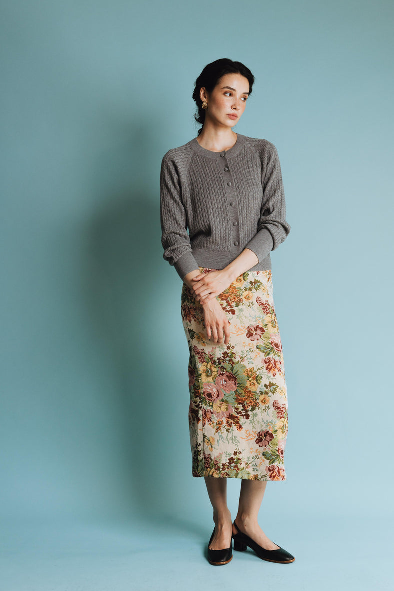 Vania Romoff Lucy Cardigan in Gray crafted from soft wool with ribbon detail at the back 