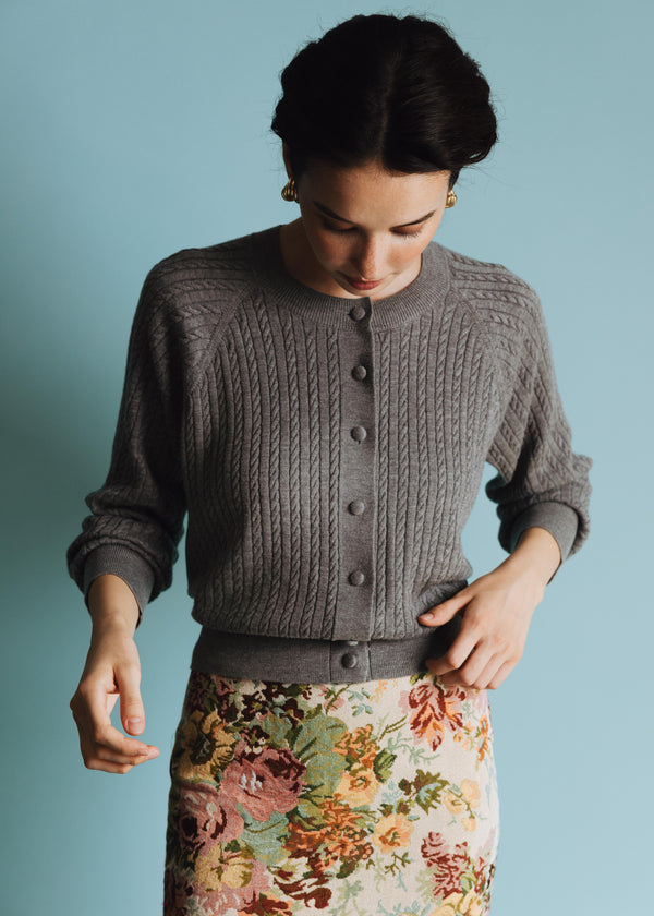 Vania Romoff Lucy Cardigan in Gray crafted from soft wool with ribbon detail at the back