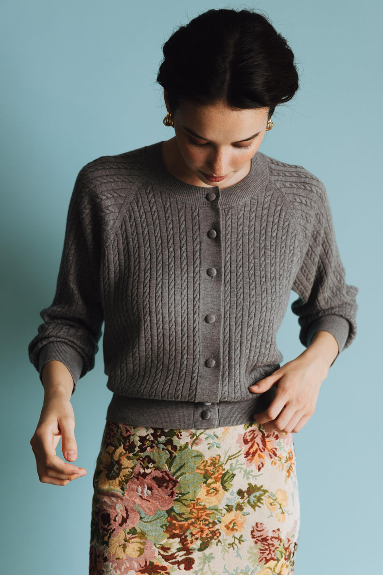 Vania Romoff Lucy Cardigan in Gray crafted from soft wool with ribbon detail at the back