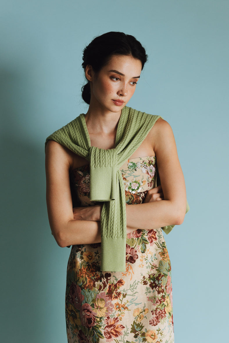 Vania Romoff Lucy Cardigan in Pistachio crafted from soft wool with ribbon detail at the back