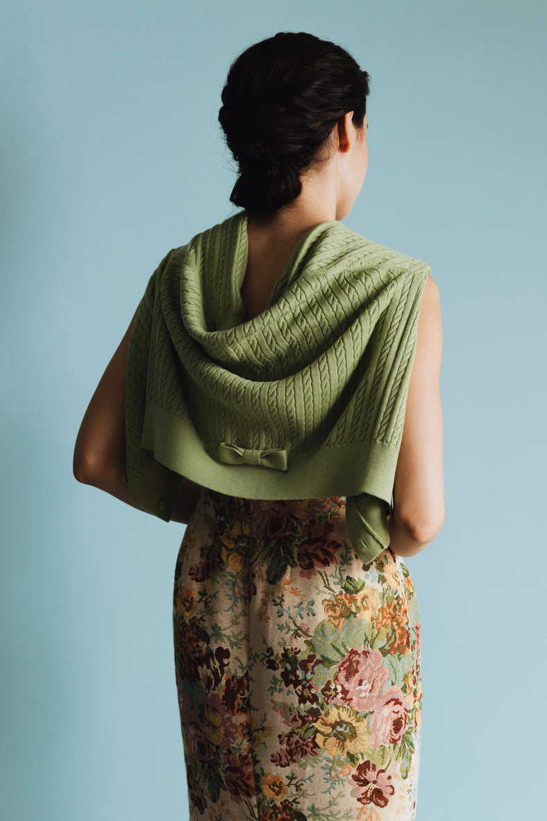 Vania Romoff Lucy Cardigan in Pistachio crafted from soft wool with ribbon detail at the back