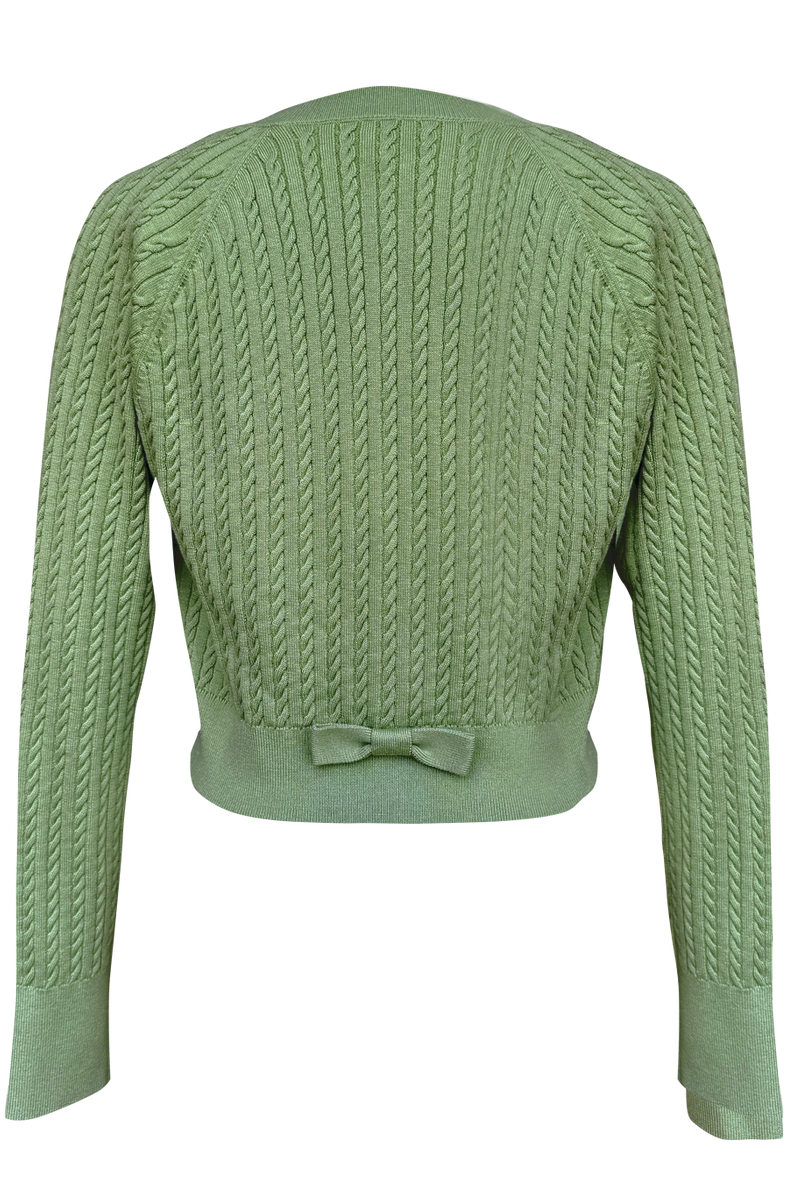 Vania Romoff Lucy Cardigan in Pistachio crafted from soft wool with ribbon detail at the back