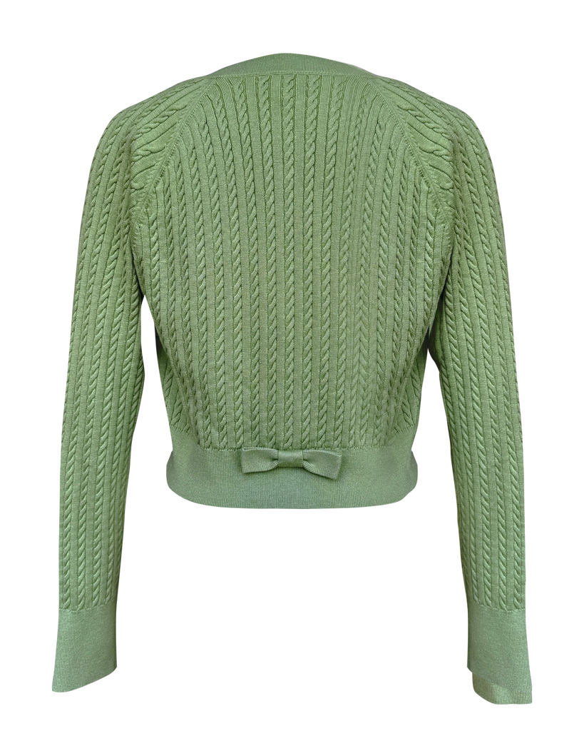 Vania Romoff Lucy Cardigan in Pistachio crafted from soft wool with ribbon detail at the back