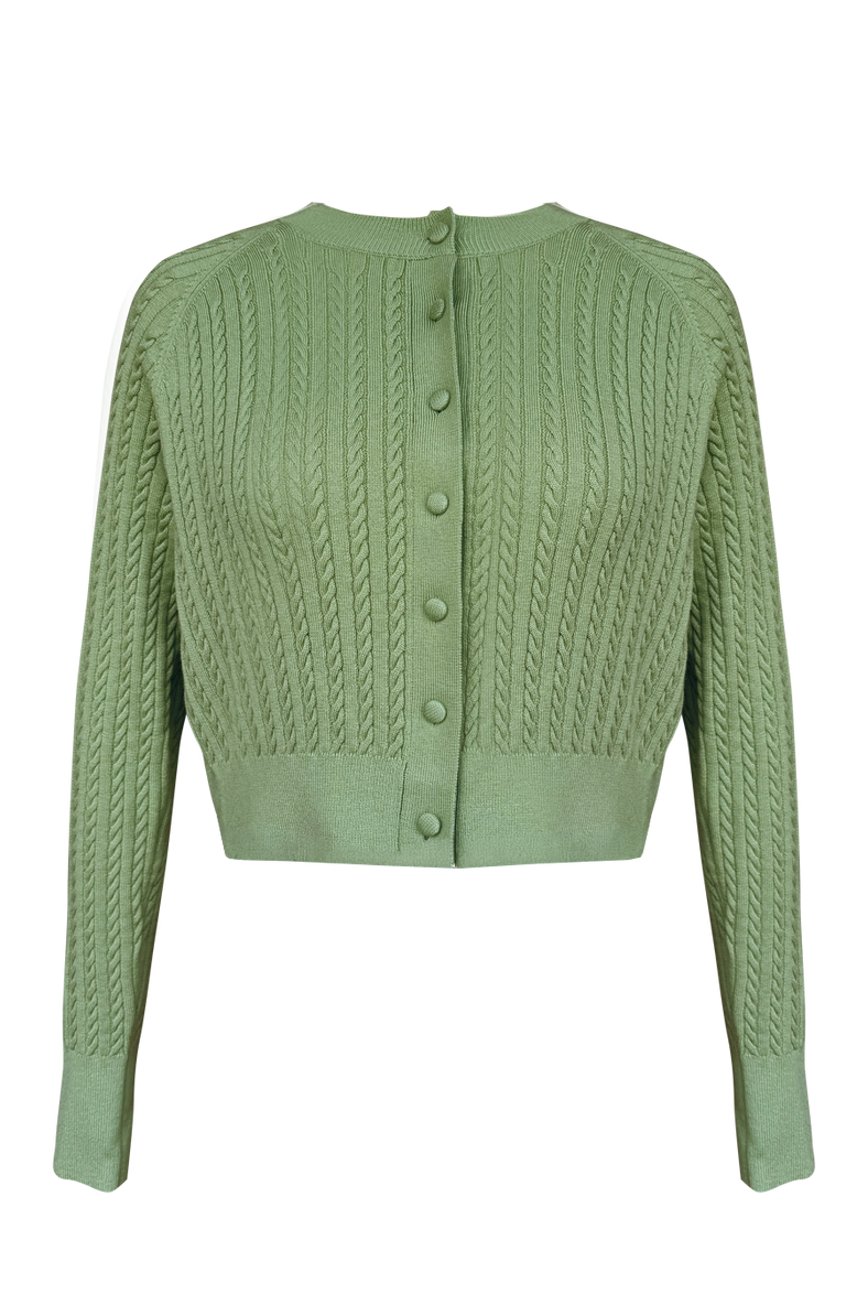 Vania Romoff Lucy Cardigan in Pistachio crafted from soft wool with ribbon detail at the back