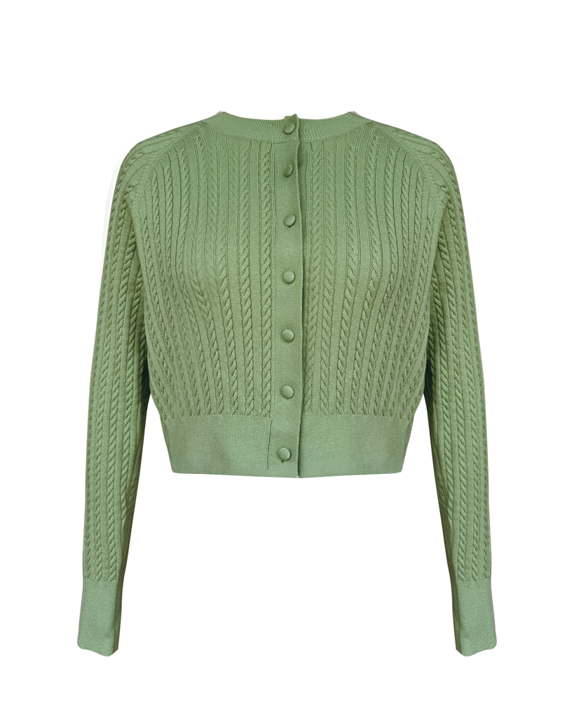 Vania Romoff Lucy Cardigan in Pistachio crafted from soft wool with ribbon detail at the back