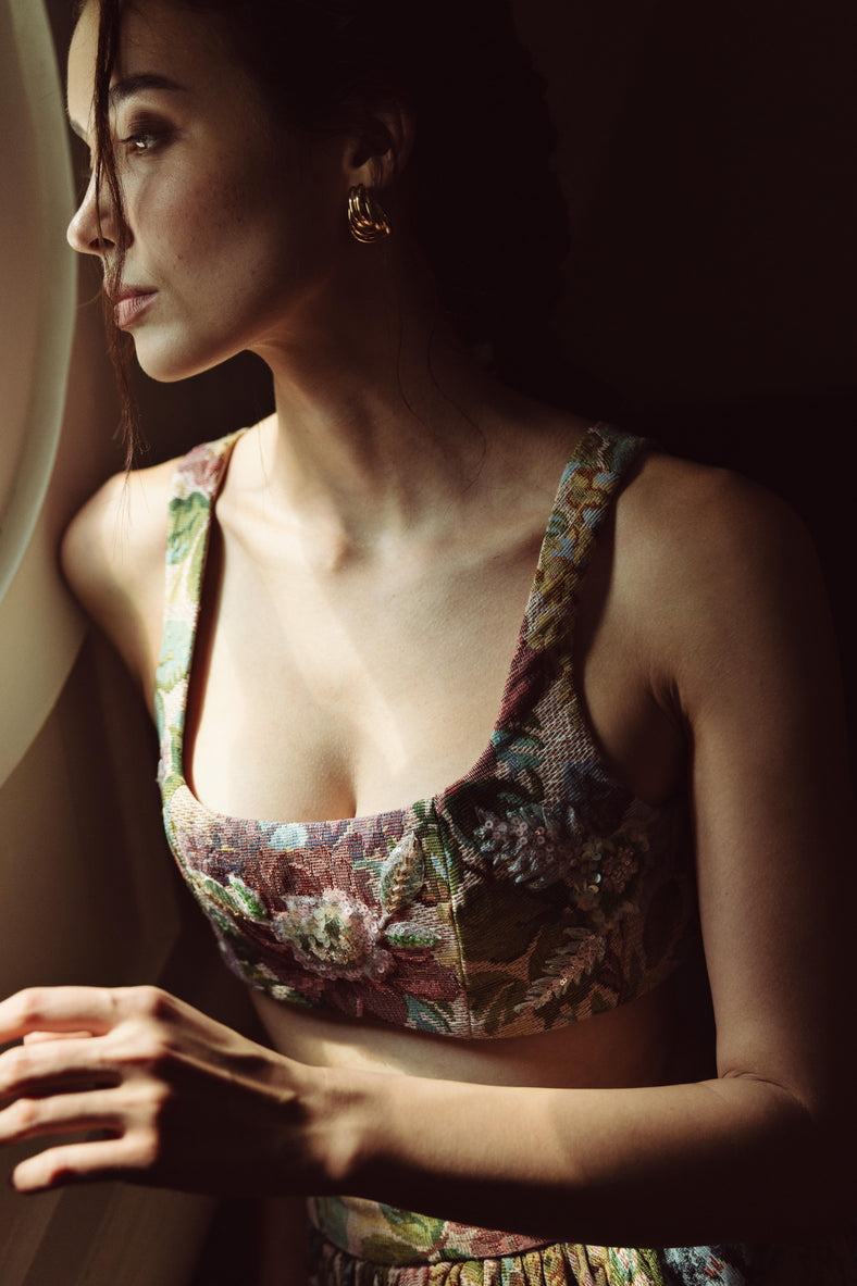 Vania Romoff Matilda Top crafted from floral brocade with a structured silhouette