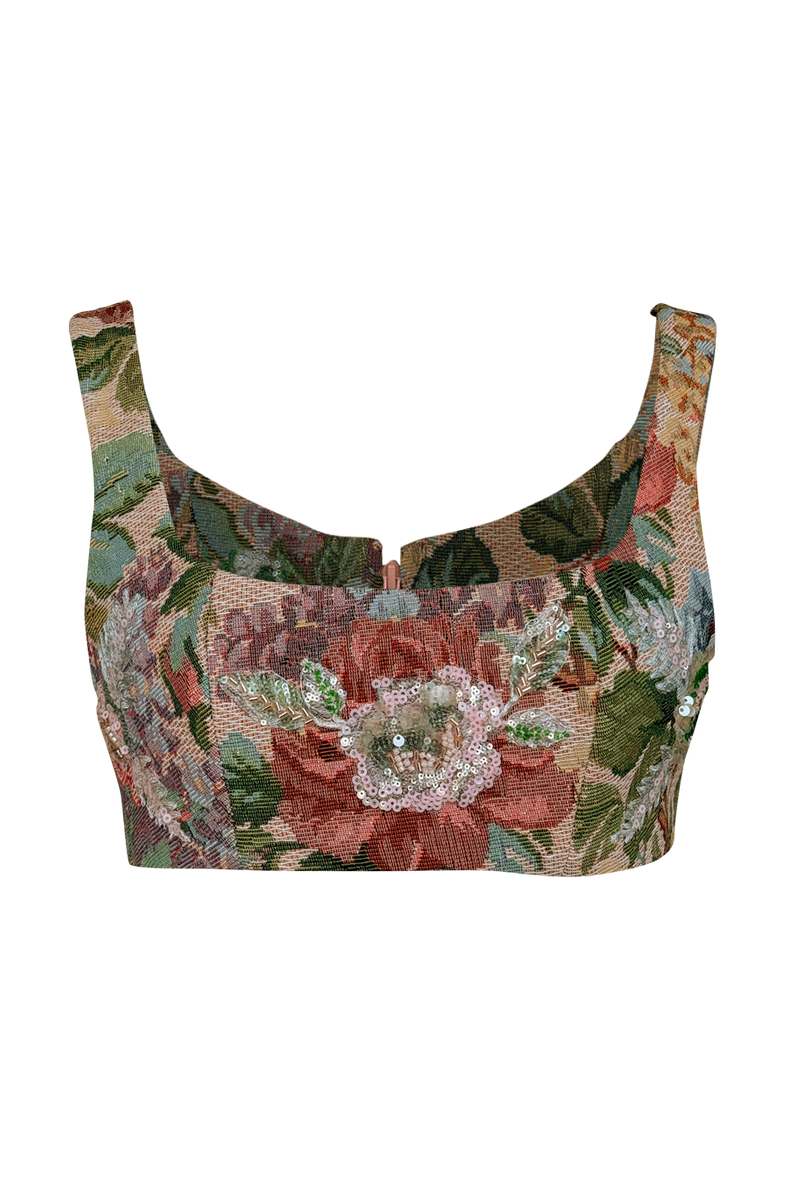 Vania Romoff Matilda Top crafted from floral brocade with a structured silhouette