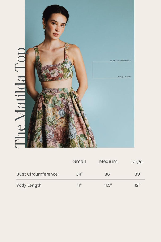 Vania Romoff Matilda Top crafted from floral brocade with a structured silhouette measurements