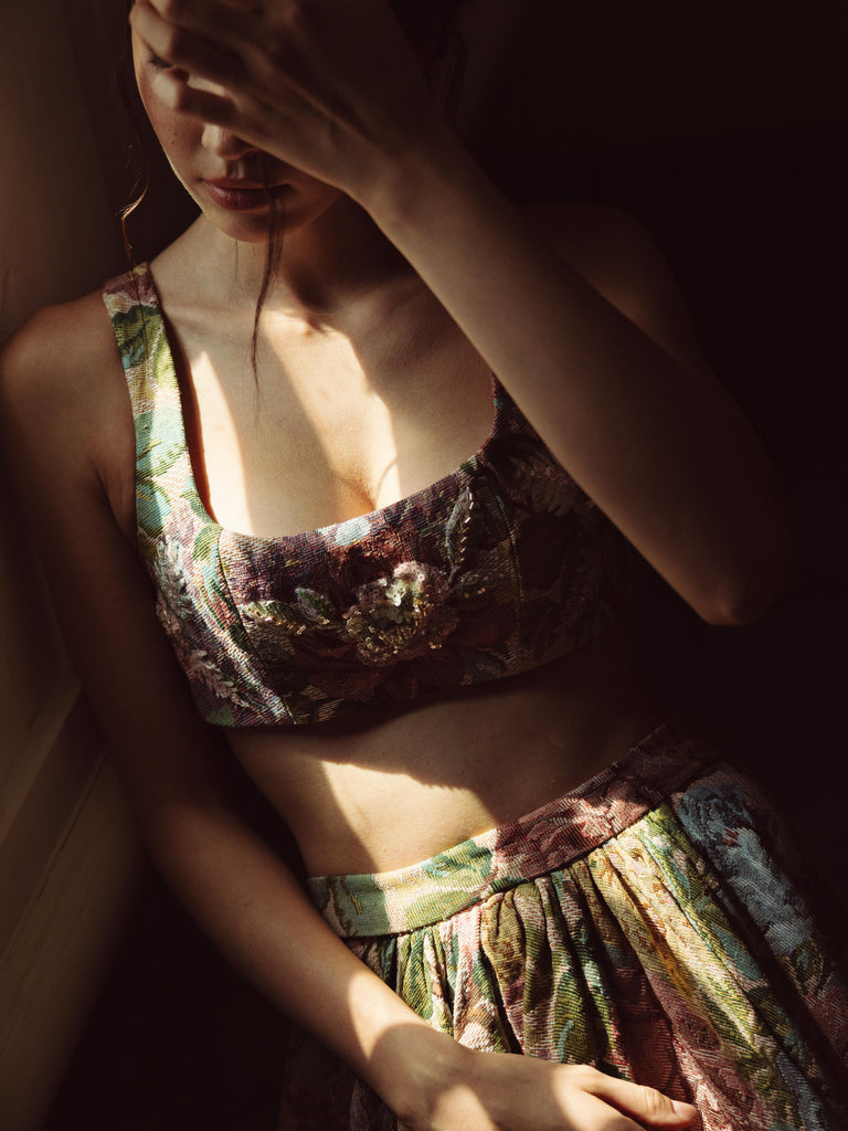 Vania Romoff Matilda Top crafted from floral brocade with a structured silhouette