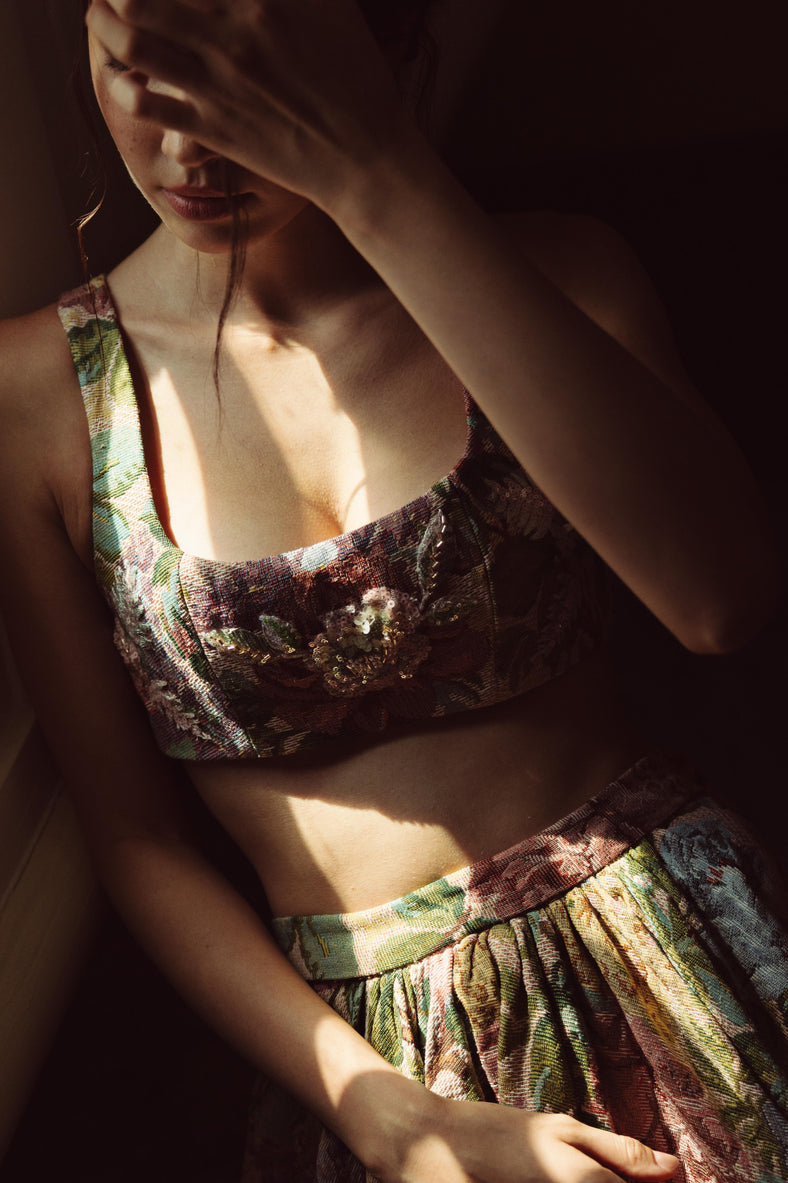 Vania Romoff Matilda Top crafted from floral brocade with a structured silhouette