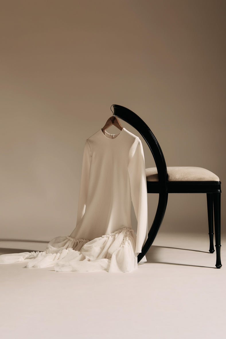Vania Romoff The Ophelia Dress in ivory  features a relaxed silhouette in ivory stretch crepe, with softly gathered sleeves and cascading ruffles 