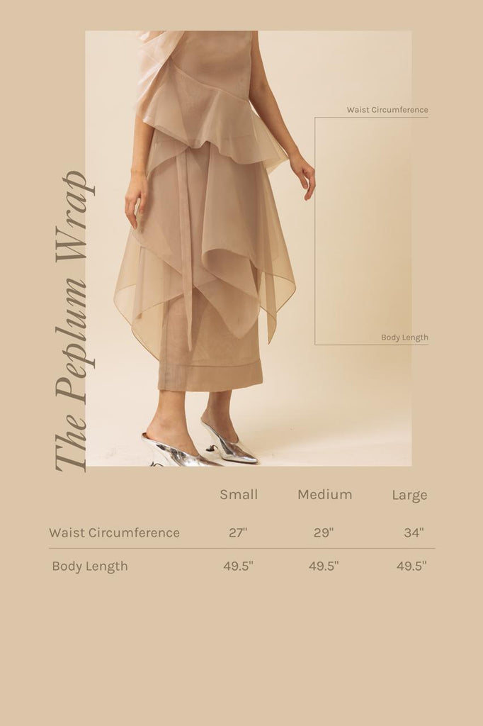 Vania Romoff Peplum Wrap made with sheer organza and ties at the waist measurements