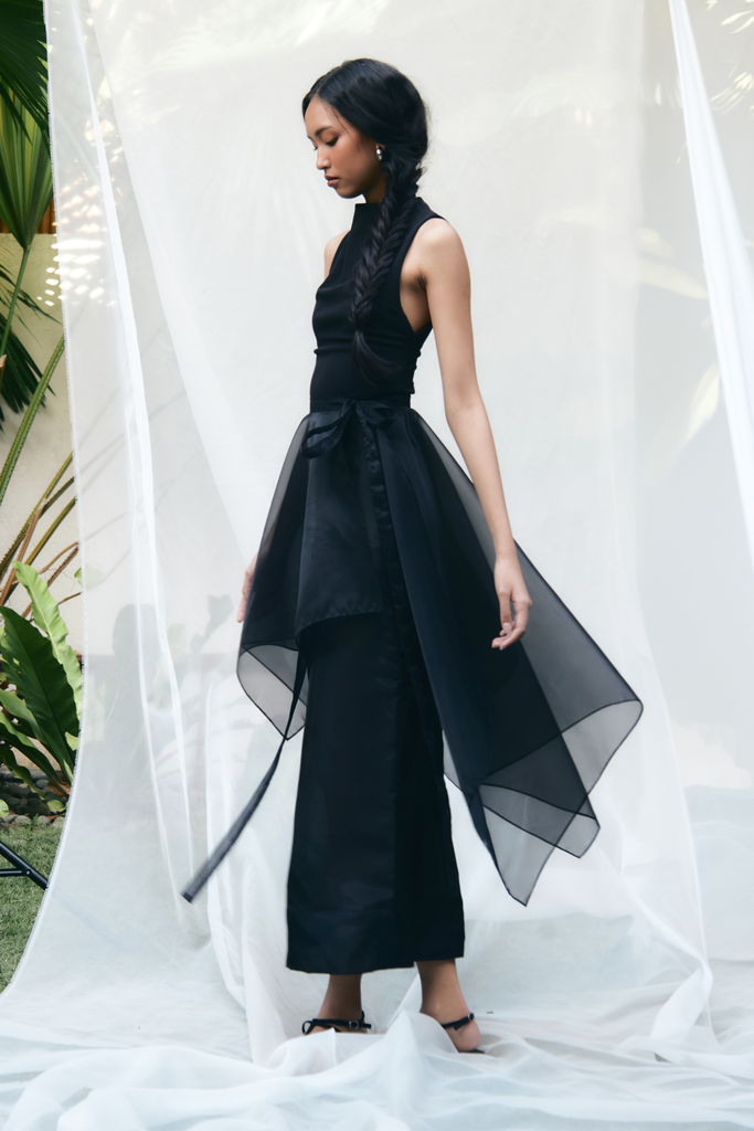 Vania Romoff Peplum Wrap Black made with sheer organza and ties at the waist