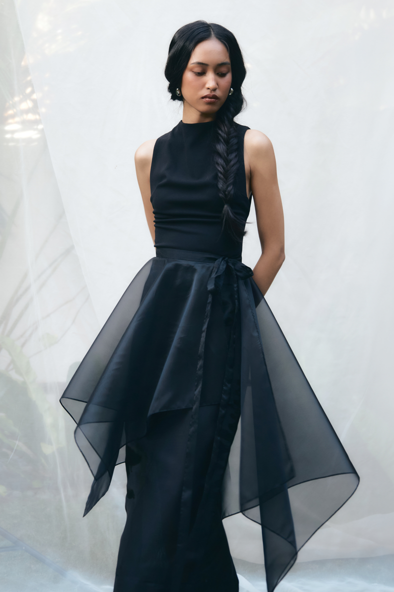 Vania Romoff Peplum Wrap Black made with sheer organza and ties at the waist