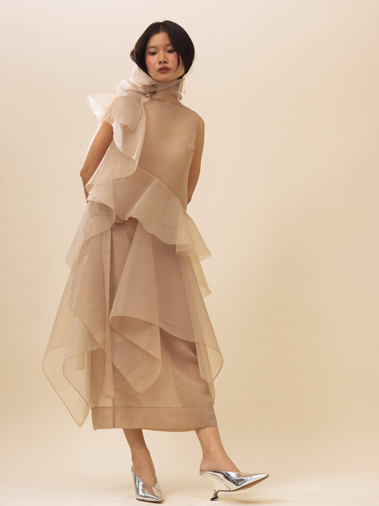 Vania Romoff Runa Top Nude made with silk organza and semi-sheer