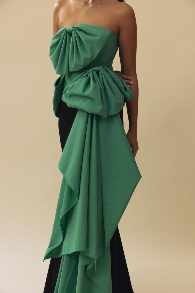 Vania Romoff Simone Top Green made in taffeta and shaped by hand-sewn statement bows
