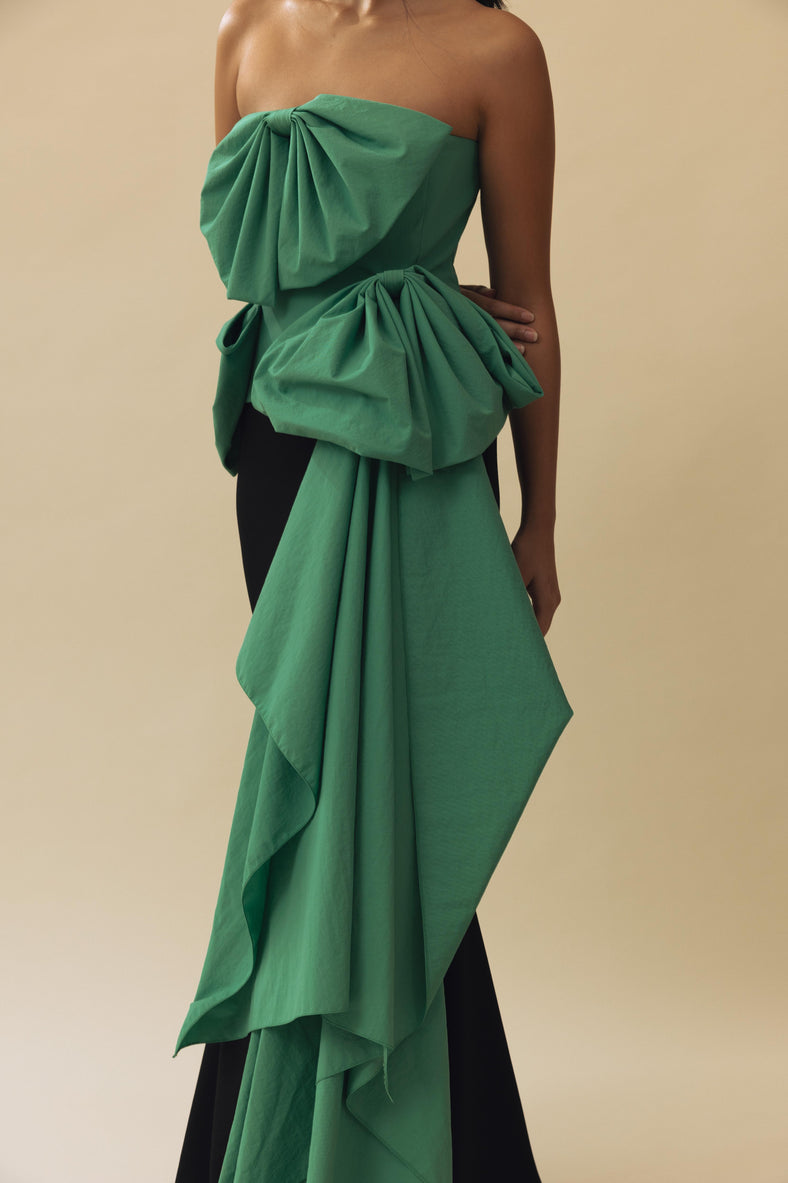 Vania Romoff Simone Top Green made in taffeta and shaped by hand-sewn statement bows