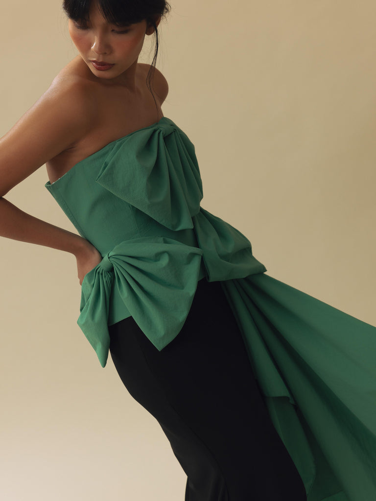 Vania Romoff Simone Top Green made in taffeta and shaped by hand-sewn statement bows
