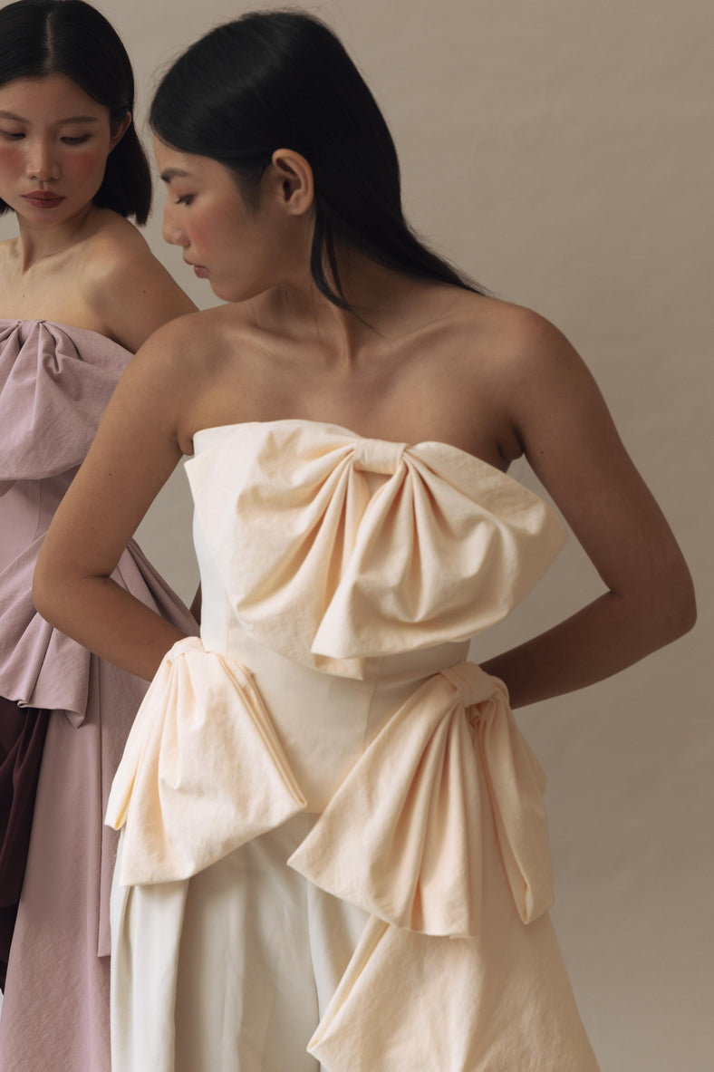 Vania Romoff Simone Top Ivory made in taffeta and shaped by hand-sewn statement bows
