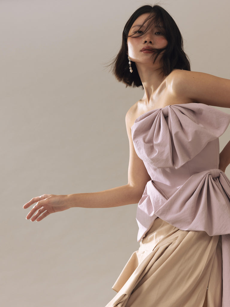 Vania Romoff Simone Top Pink made in taffeta and shaped by hand-sewn statement bows