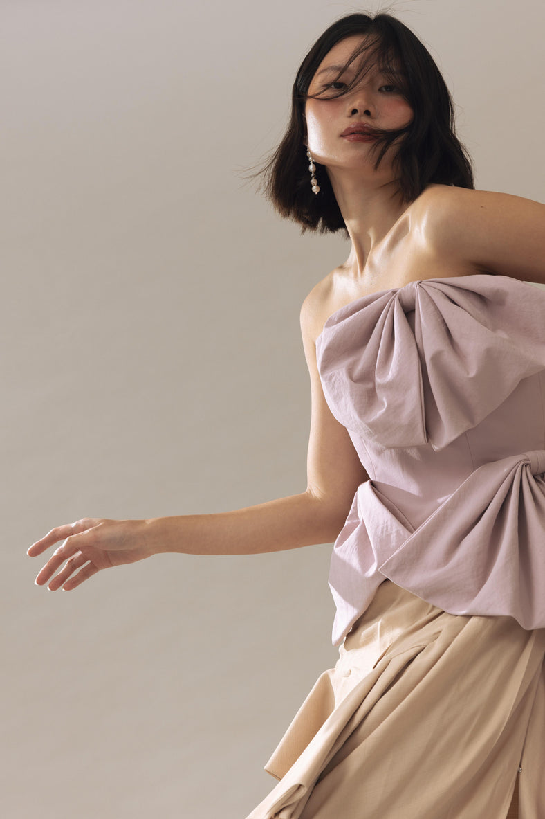 Vania Romoff Simone Top Pink made in taffeta and shaped by hand-sewn statement bows