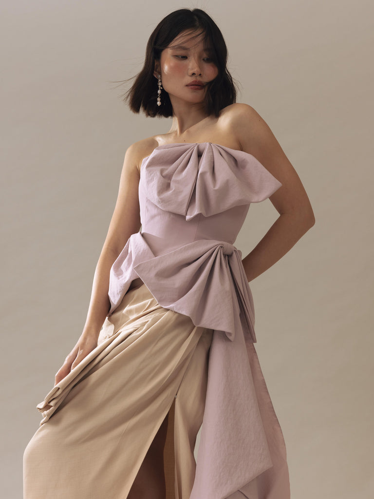 Vania Romoff Simone Top Pink made in taffeta and shaped by hand-sewn statement bows