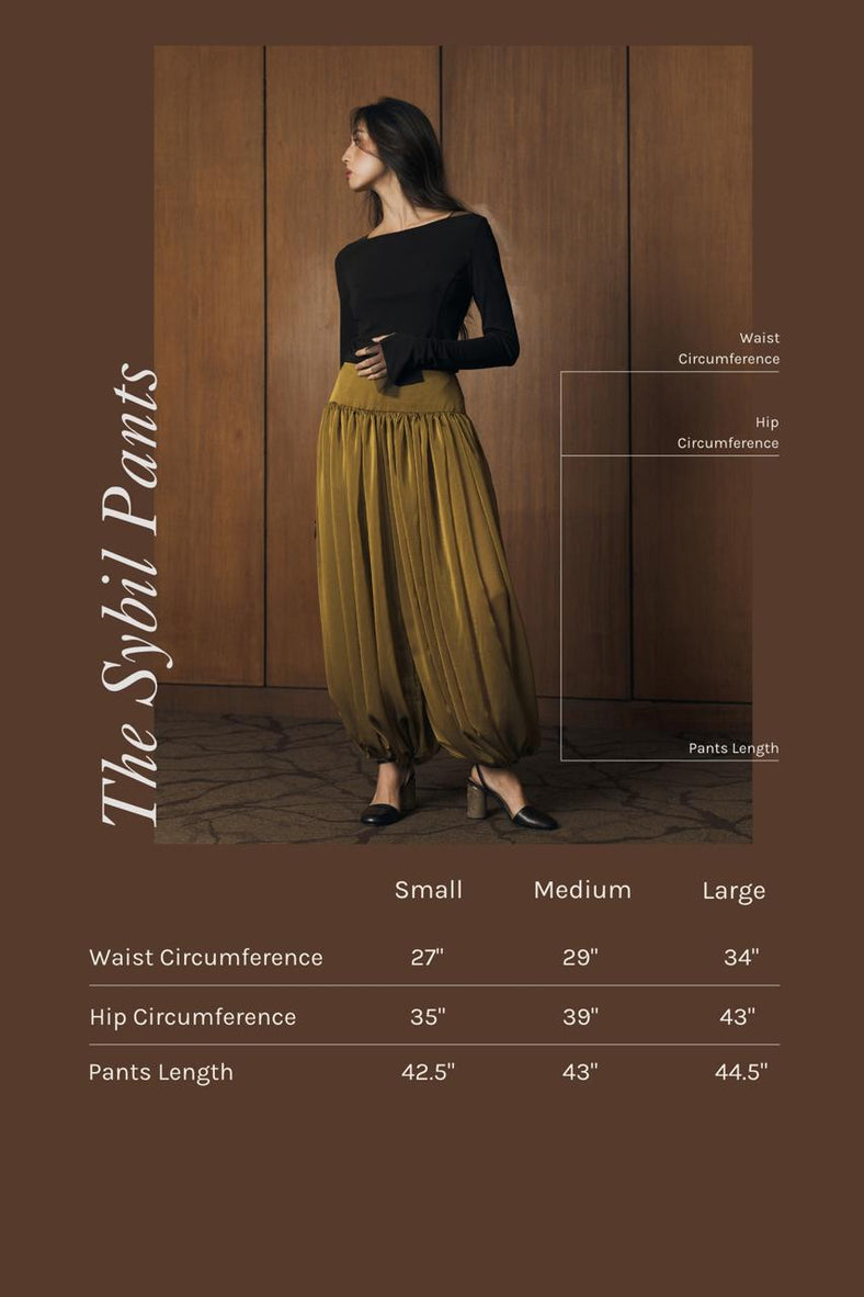 Vania Romoff The Sybil Pants in Amber Green feature a voluminous silhouette in lightweight khaki chiffon measurements