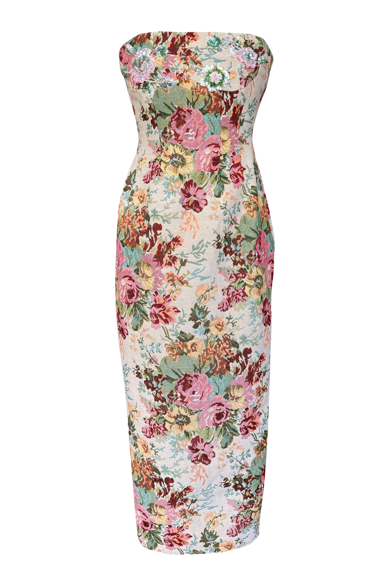Vania Romoff Sylvia Dress in floral brocade with concealed back zipper