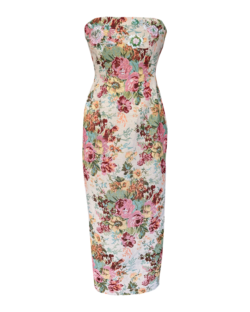 Vania Romoff Sylvia Dress in floral brocade with concealed back zipper