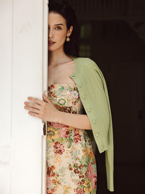 Vania Romoff Sylvia Dress in floral brocade with concealed back zipper