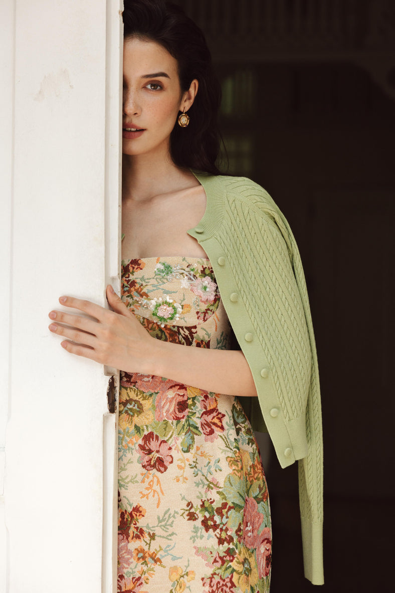 Vania Romoff Sylvia Dress in floral brocade with concealed back zipper