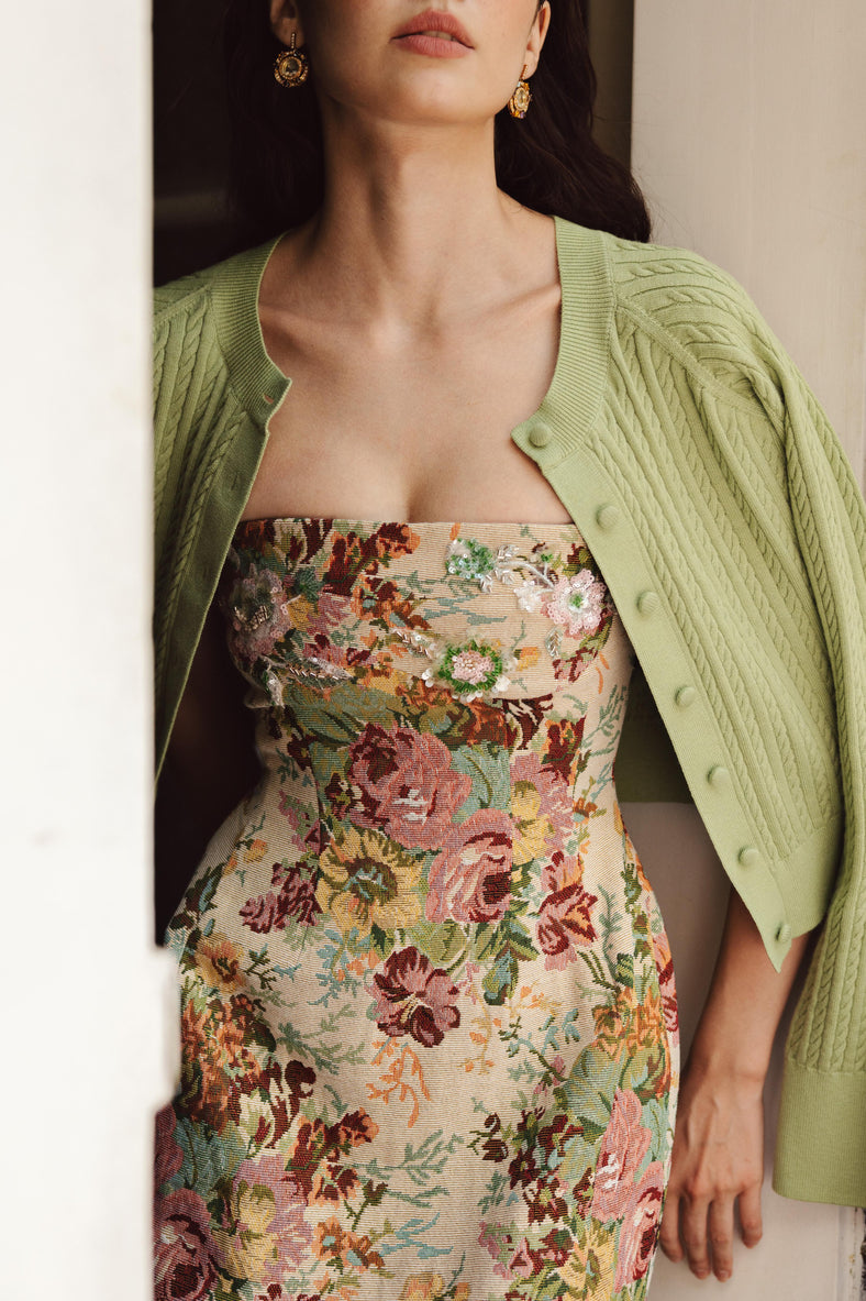 Vania Romoff Sylvia Dress in floral brocade with concealed back zipper