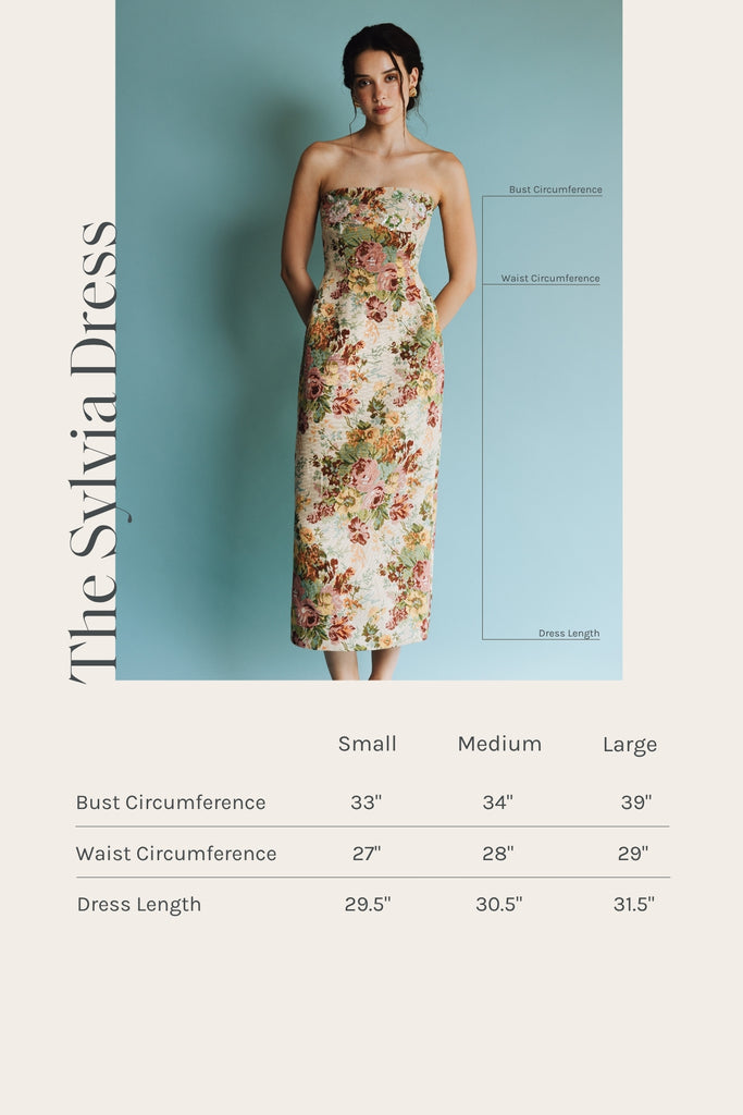 Vania Romoff Sylvia Dress in floral brocade with concealed back zipper measurements