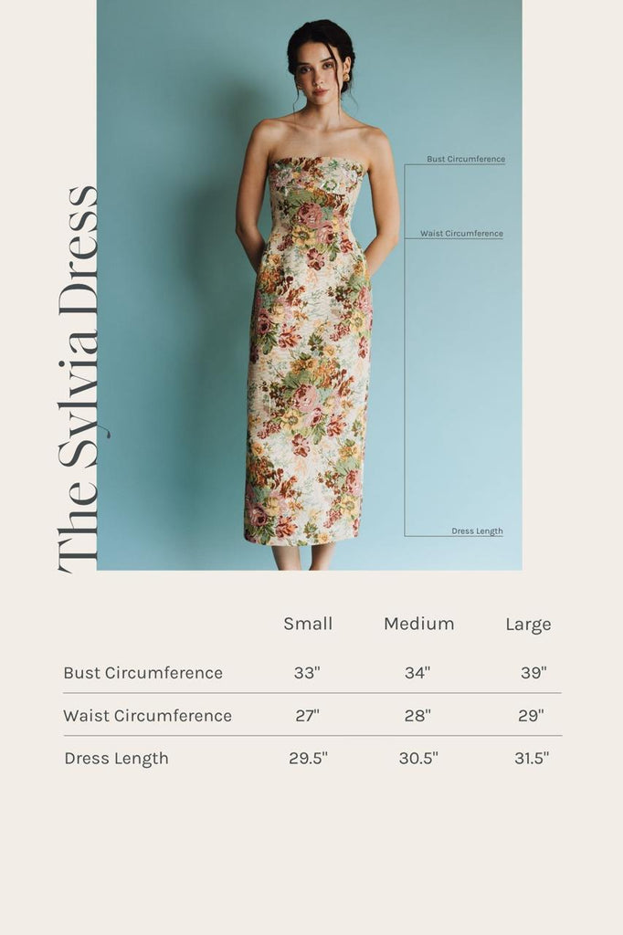 Vania Romoff Sylvia Dress in floral brocade with concealed back zipper measurements