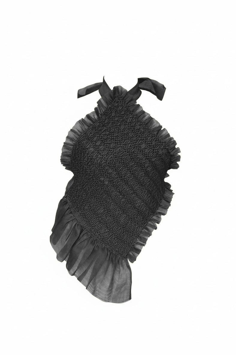 Vania Romoff The Vita Top in black features intricate hand-smocked detailing and made with french gauze