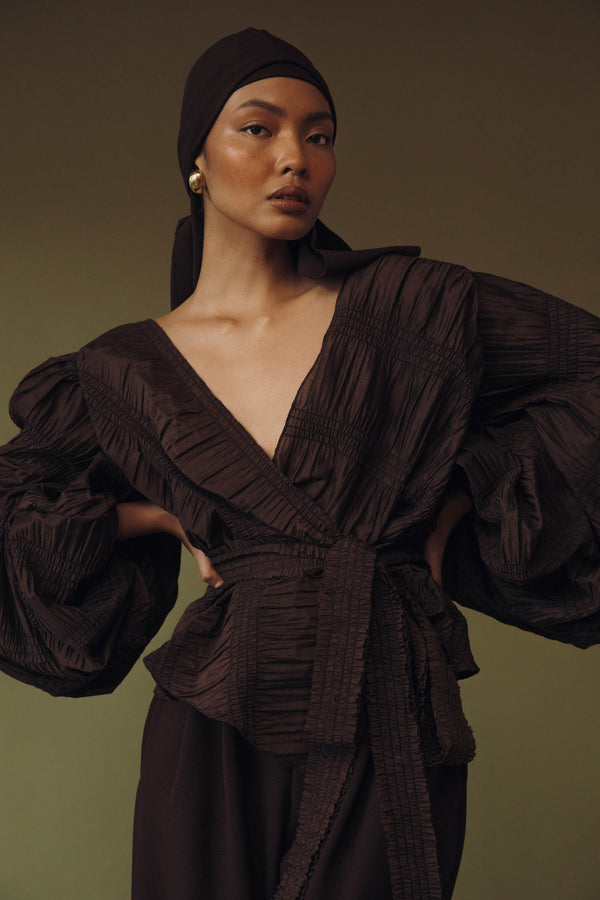 Mira Ruched Wrap Top in Brown - Women's RTW Dresses & Accessories - Made In The Philippines - Vania Romoff