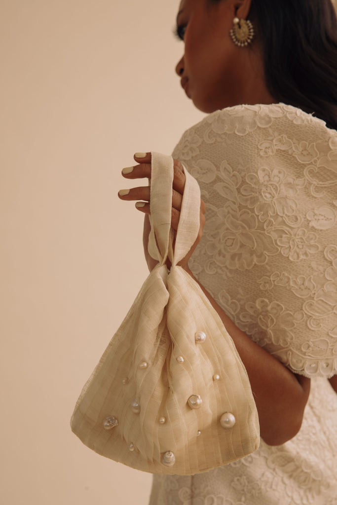 Pearl-Encrusted Pleated Piña Bag - Bridal Studio - Bridal RTW Dresses & Accessories - Vania Romoff