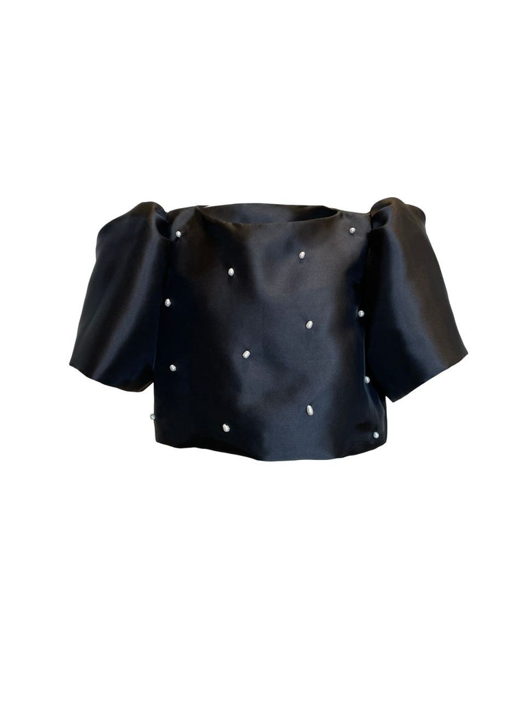 Camisa Top in Black Mikado with Baroque Pearls - Women's RTW Dresses & Accessories - Made In The Philippines - Vania Romoff